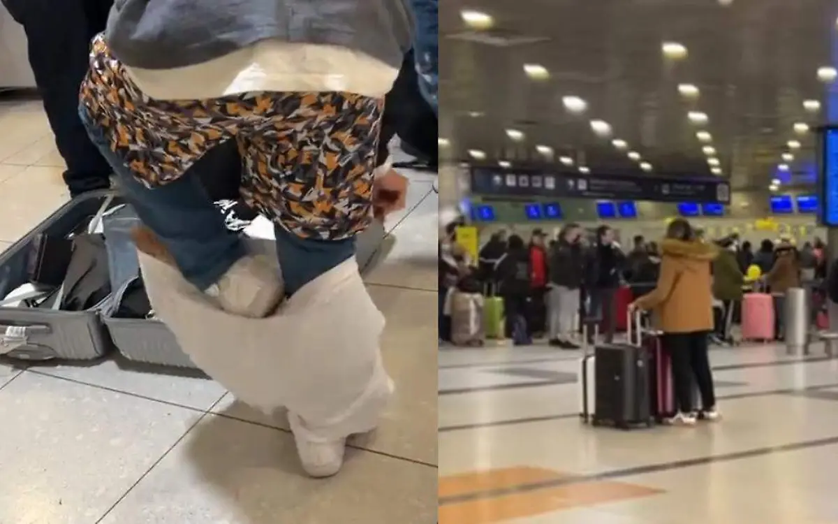 Pasajero se coloca gran cantidad de ropa para poder viajar